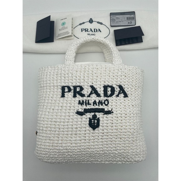 BRAND NEW PRADA RAFFIA CROCHET SMALL VACATION WHITE TOTE BAG AUTHENTIC! - Picture 10 of 14